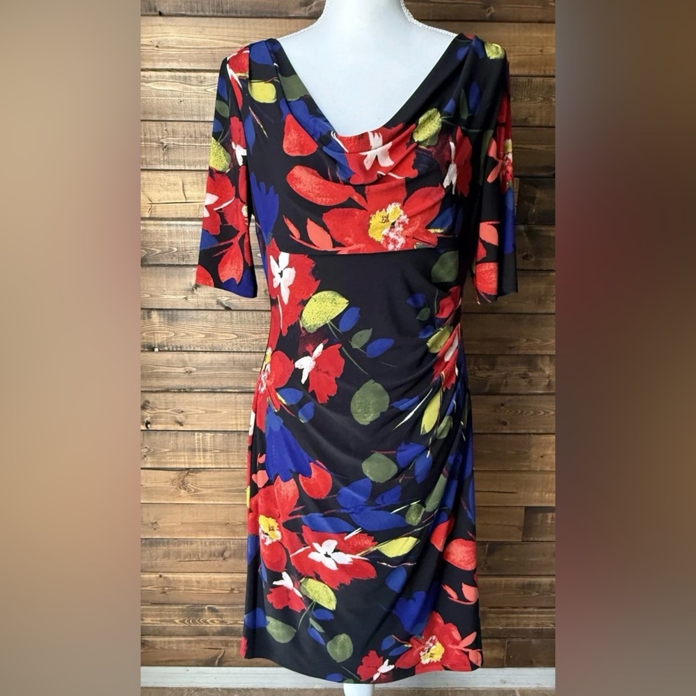 Ralph Lauren Midi Floral Dress with Red, Blue & Green Floral Print